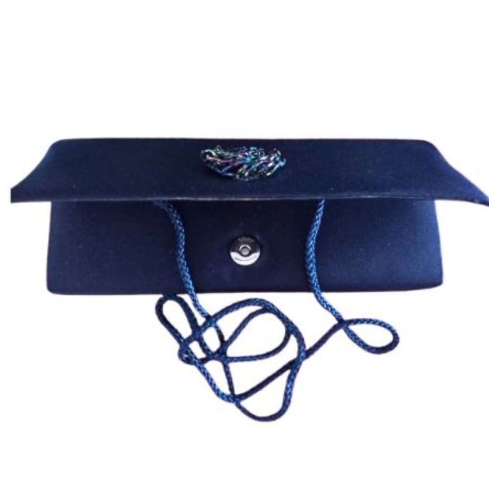 Vintage Navy Blue Satin Beaded Brooch Envelope Clutch Bag! (NWOT)